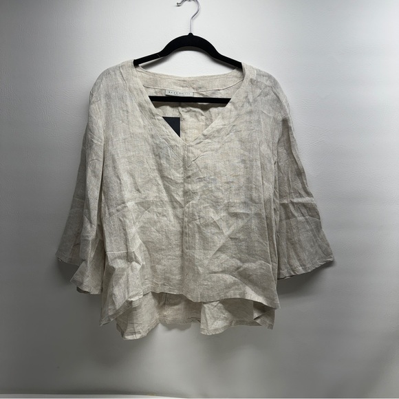 BRYN Walker Lily SMALL Light Linen Round Neck Ruffle 3/4 Bell Sleeve High-Low - Picture 2 of 11